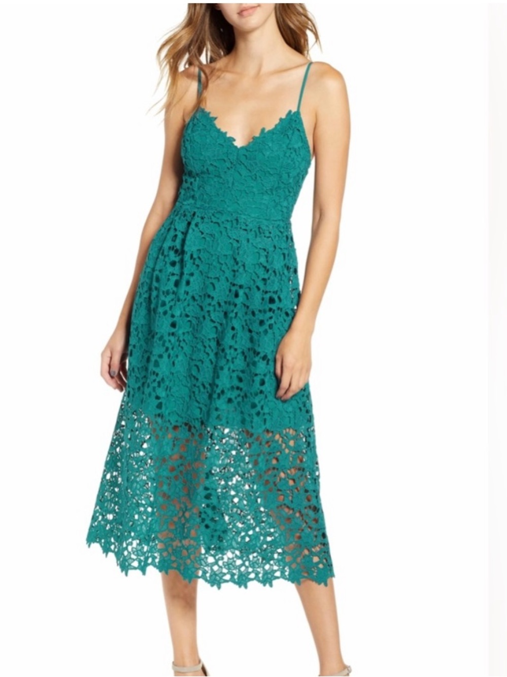 ASTR the Label Lace A Line Lace Overlay Midi Dress in Emerald Green Size Small